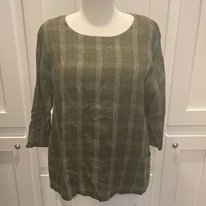Olive Green Plaid Eileen Fisher Blouse Petite Large